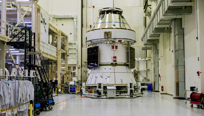 The Artemis 2 Orion crew and service modules sit inside the Operations & Checkoput Building during a NASA media day event at the Kennedy Space Center in Cape Canaveral, Florida, US, March 7, 2025. Reuters